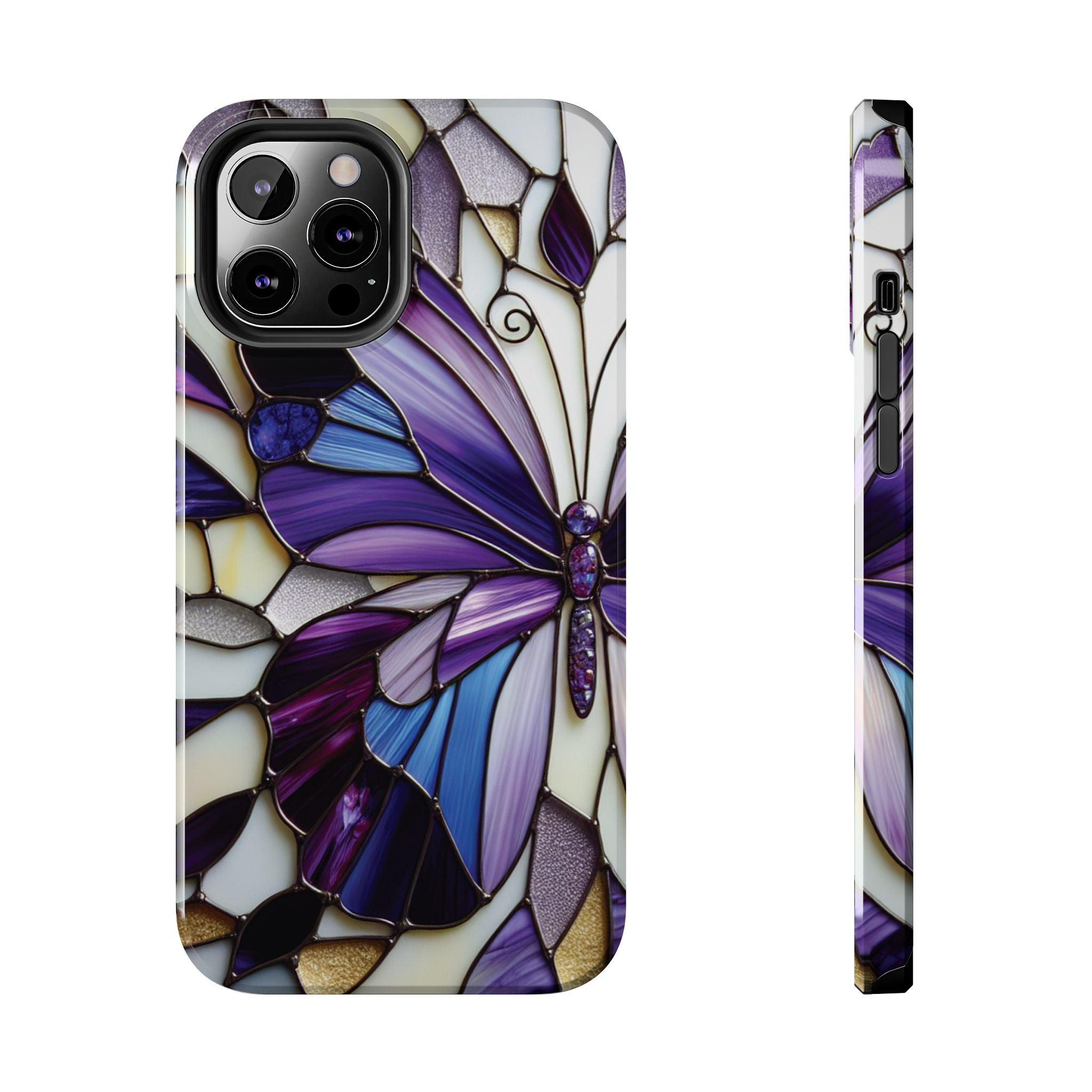 Purple Stained Glass Butterfly Tough Phone Case — Impact-Resistant Floral Phone Cover