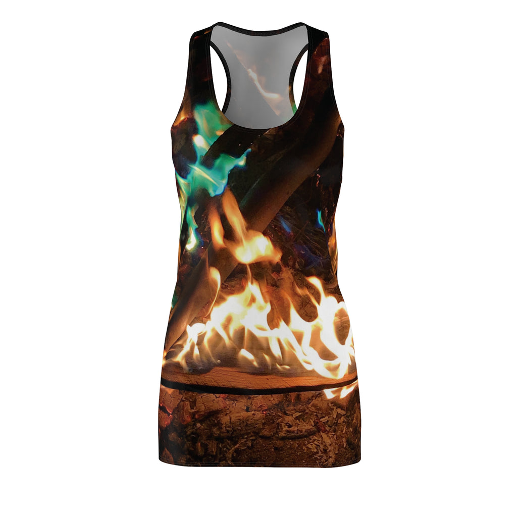 Flame Dance Racerback Dress — All-Over Print Fire & Teal Flame Bodycon