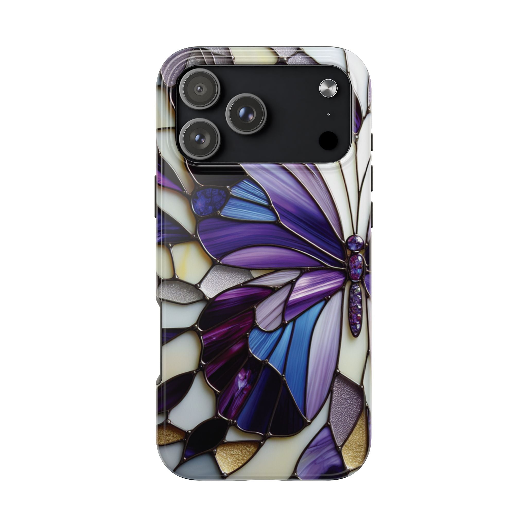 Purple Stained Glass Butterfly Tough Phone Case — Impact-Resistant Floral Phone Cover