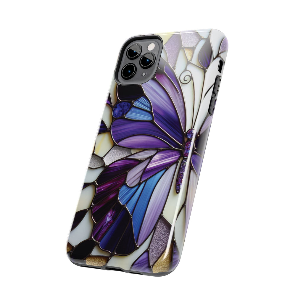 Purple Stained Glass Butterfly Tough Phone Case — Impact-Resistant Floral Phone Cover
