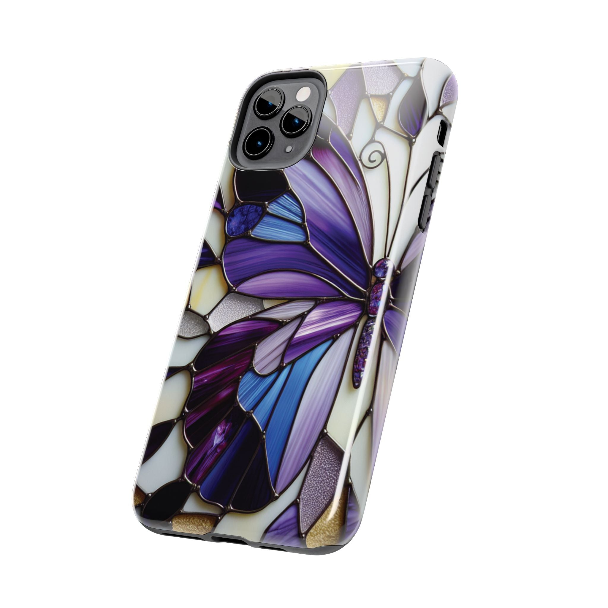 Purple Stained Glass Butterfly Tough Phone Case — Impact-Resistant Floral Phone Cover
