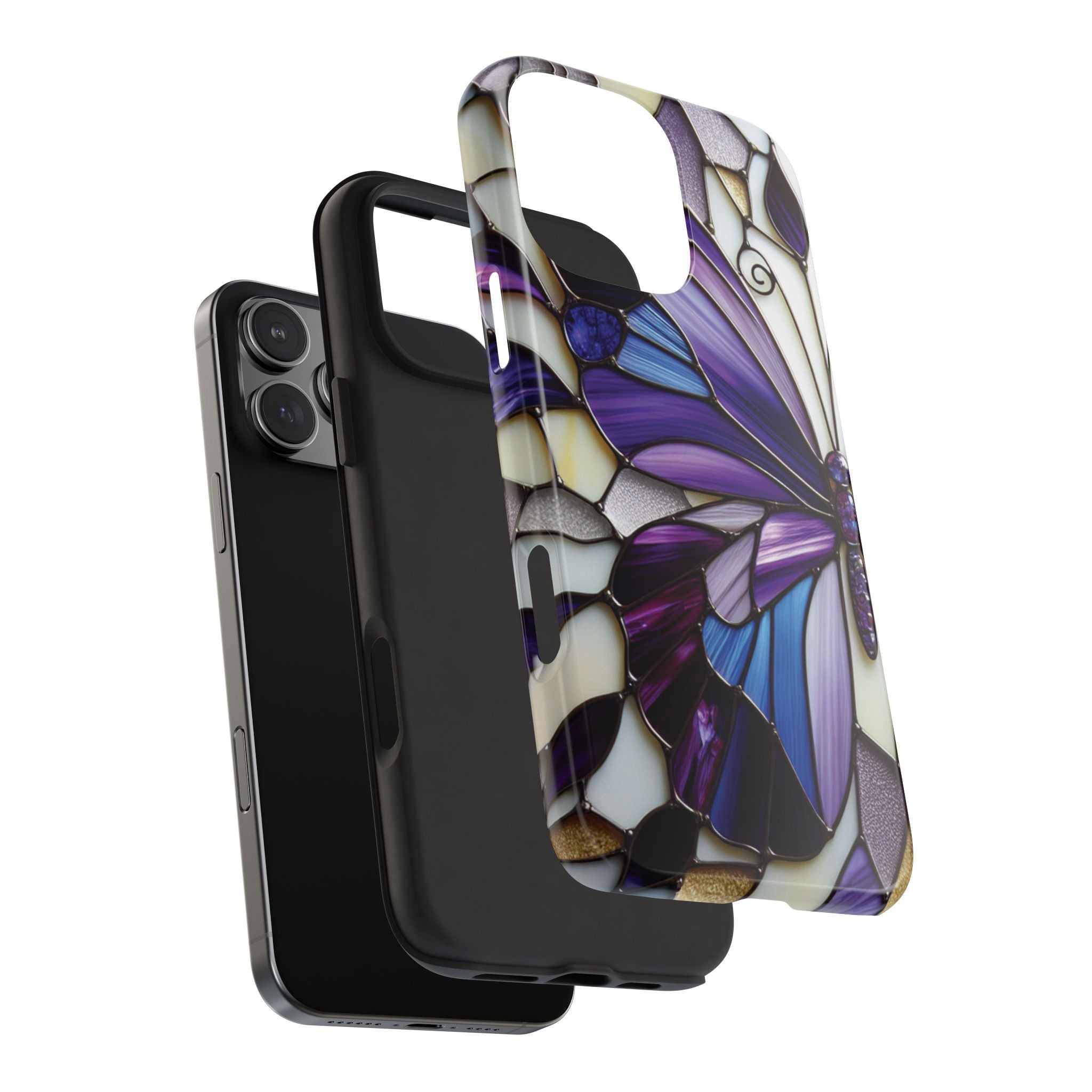Purple Stained Glass Butterfly Tough Phone Case — Impact-Resistant Floral Phone Cover
