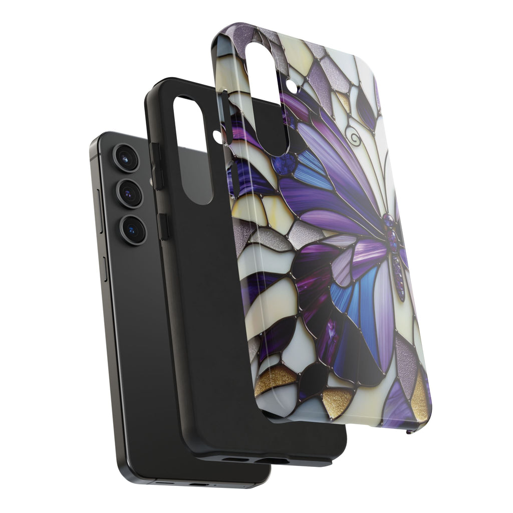 Purple Stained Glass Butterfly Tough Phone Case — Impact-Resistant Floral Phone Cover