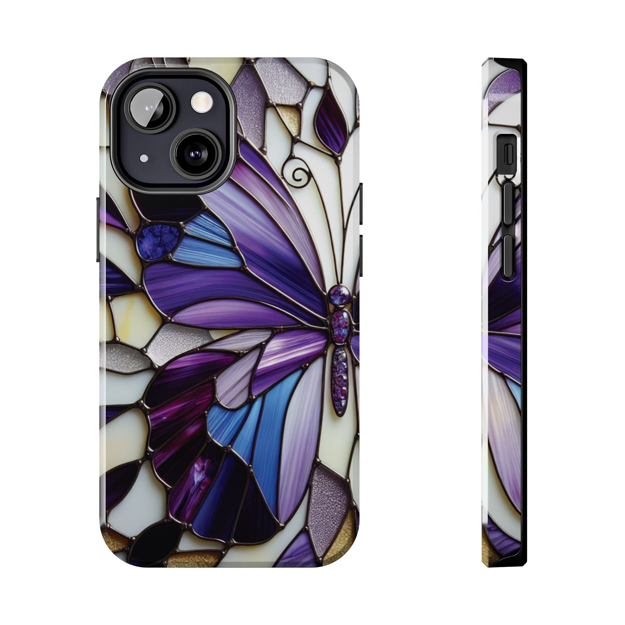 Purple Stained Glass Butterfly Tough Phone Case — Impact-Resistant Floral Phone Cover