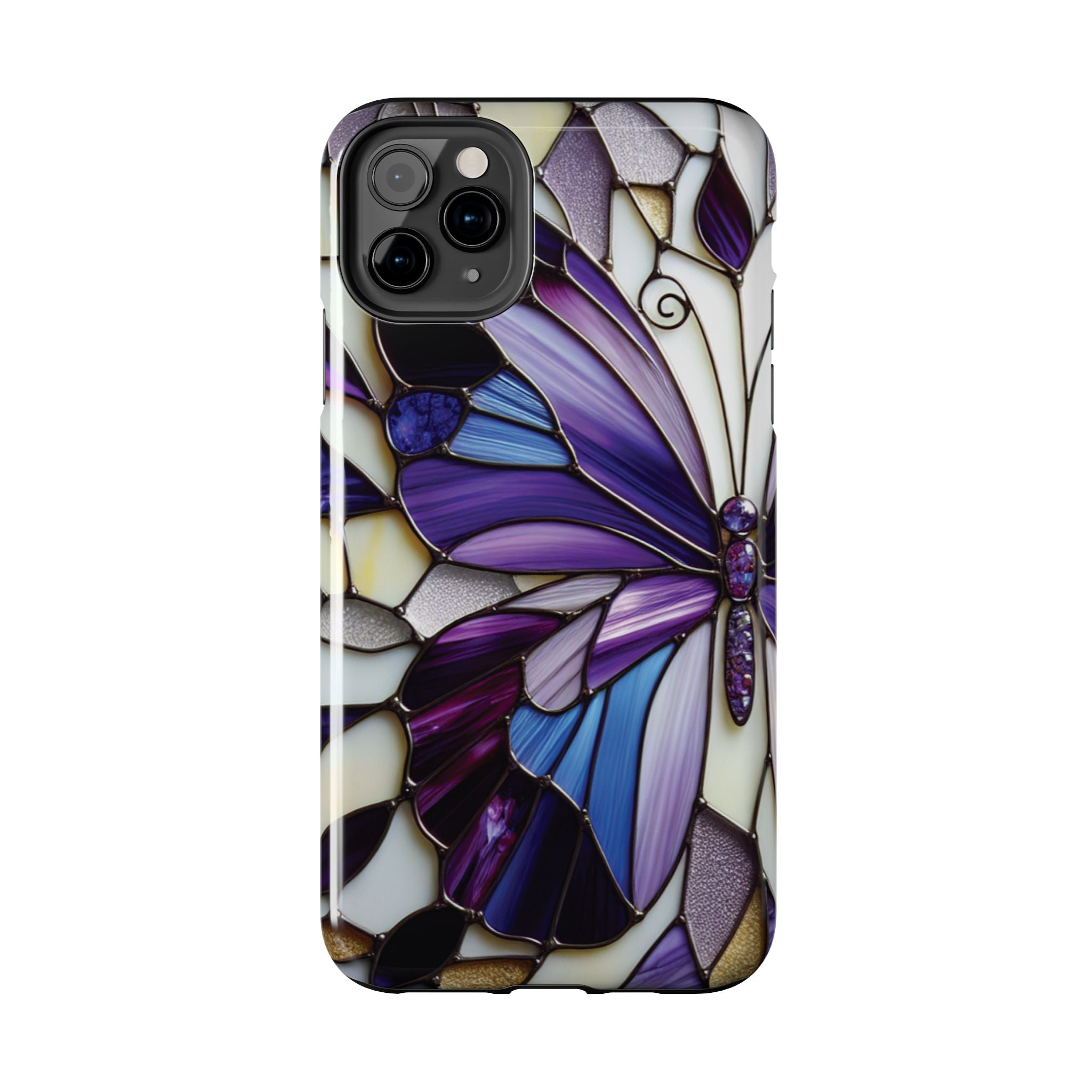 Purple Stained Glass Butterfly Tough Phone Case — Impact-Resistant Floral Phone Cover