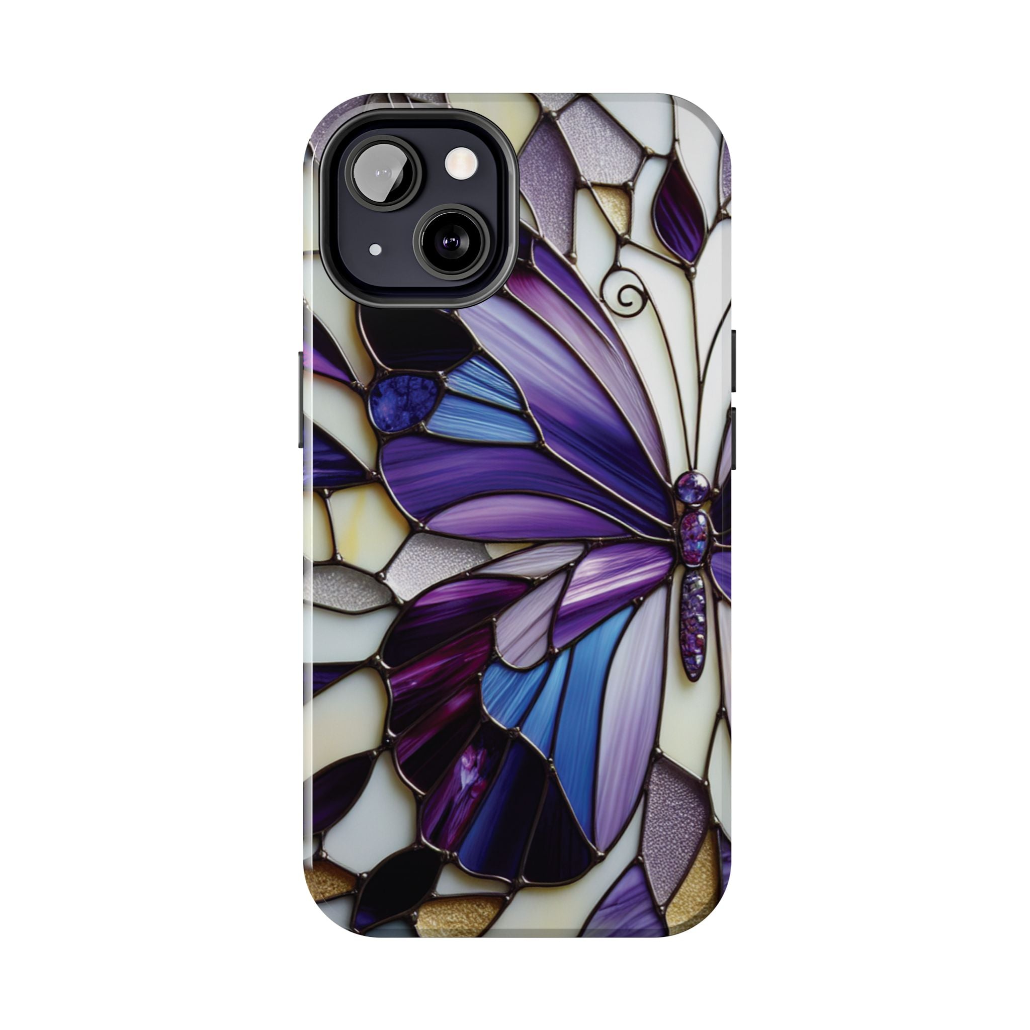 Purple Stained Glass Butterfly Tough Phone Case — Impact-Resistant Floral Phone Cover