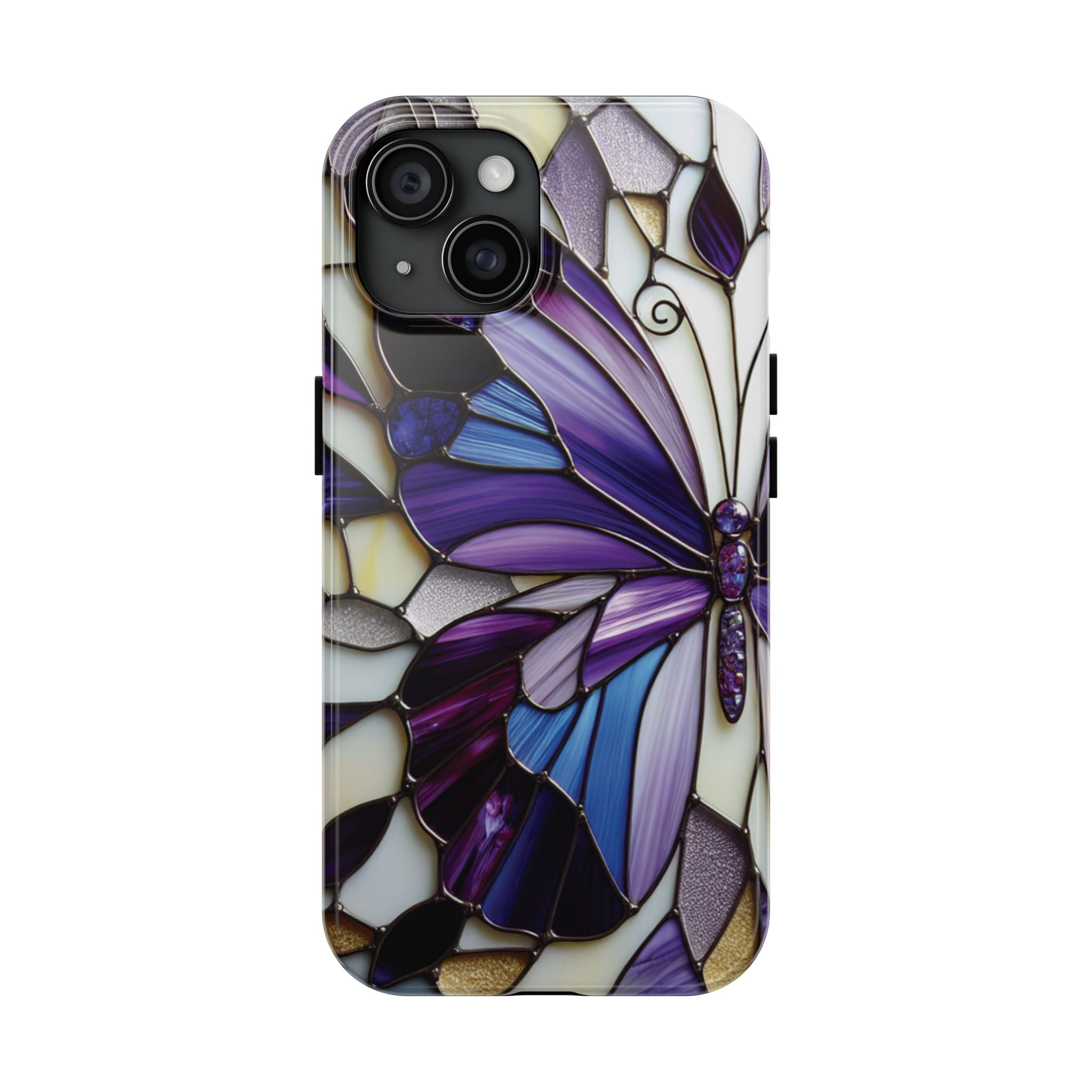 Purple Stained Glass Butterfly Tough Phone Case — Impact-Resistant Floral Phone Cover