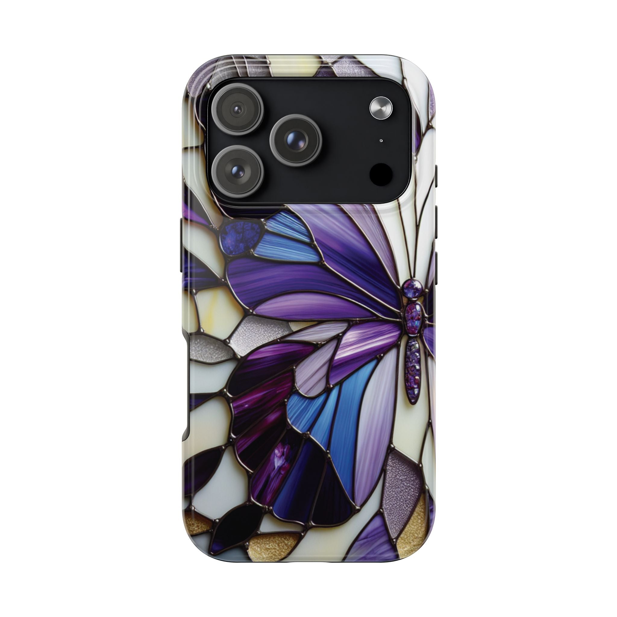 Purple Stained Glass Butterfly Tough Phone Case — Impact-Resistant Floral Phone Cover