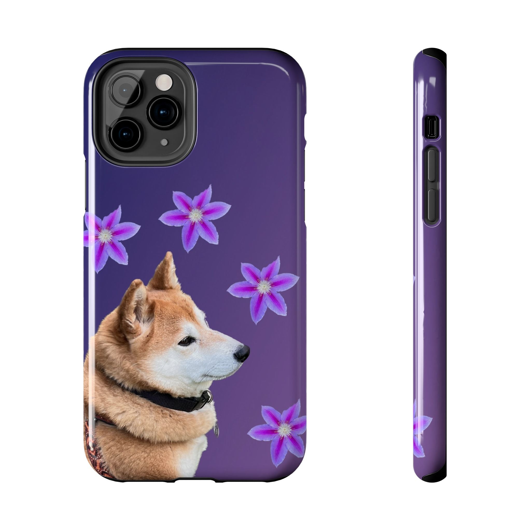 Shiba Inu Floral Tough Phone Case — Purple Dog Phone Cover with Pink Flowers
