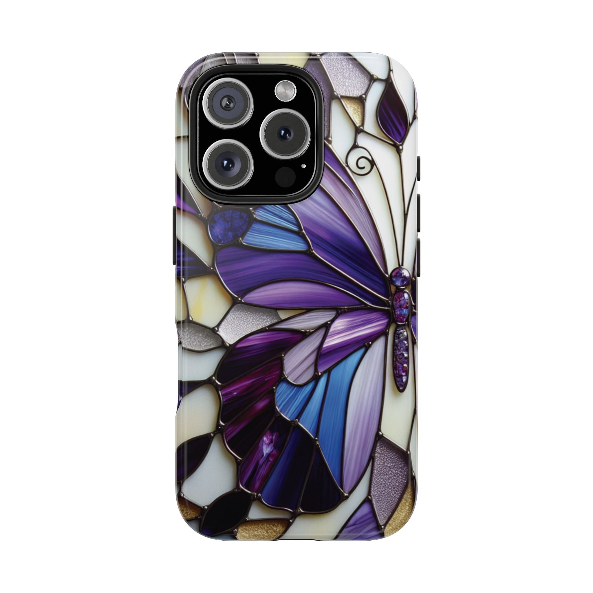 Purple Stained Glass Butterfly Tough Phone Case — Impact-Resistant Floral Phone Cover