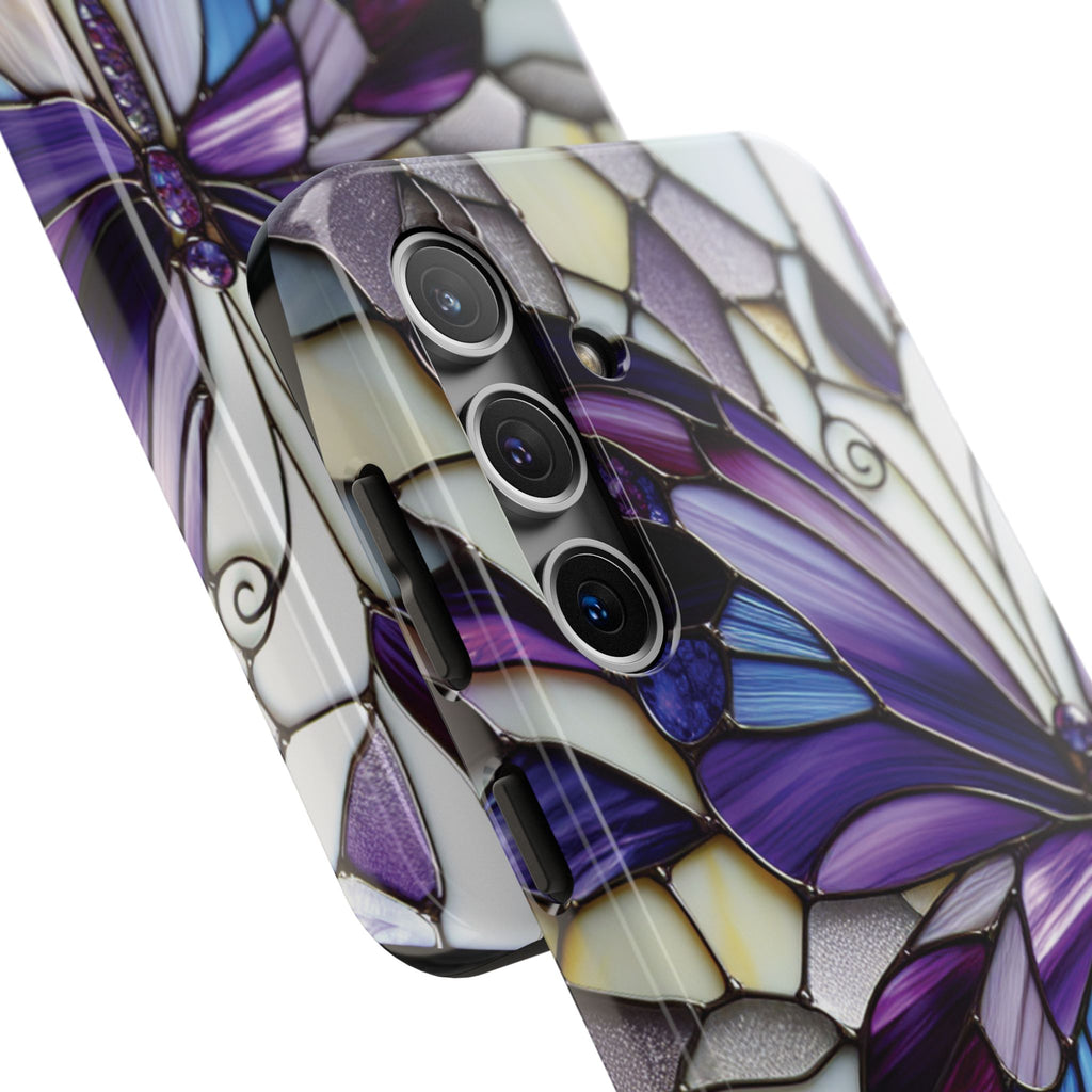 Purple Stained Glass Butterfly Tough Phone Case — Impact-Resistant Floral Phone Cover