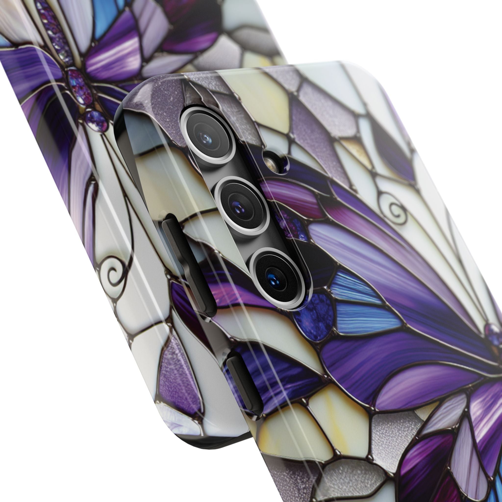 Purple Stained Glass Butterfly Tough Phone Case — Impact-Resistant Floral Phone Cover