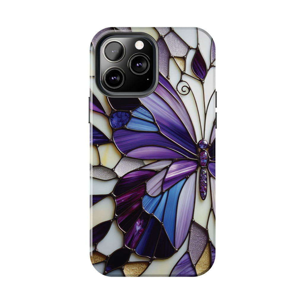 Purple Stained Glass Butterfly Tough Phone Case — Impact-Resistant Floral Phone Cover