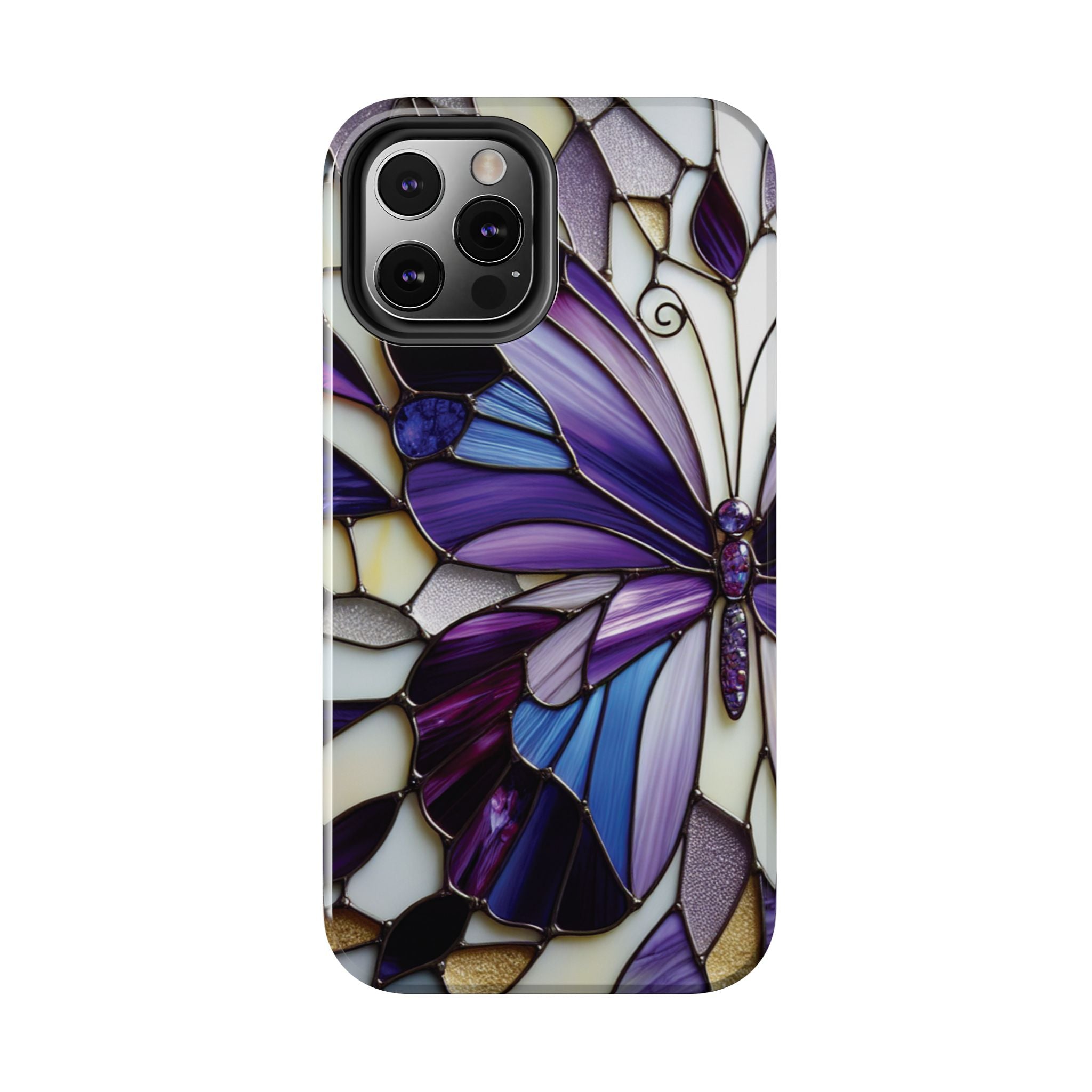 Purple Stained Glass Butterfly Tough Phone Case — Impact-Resistant Floral Phone Cover