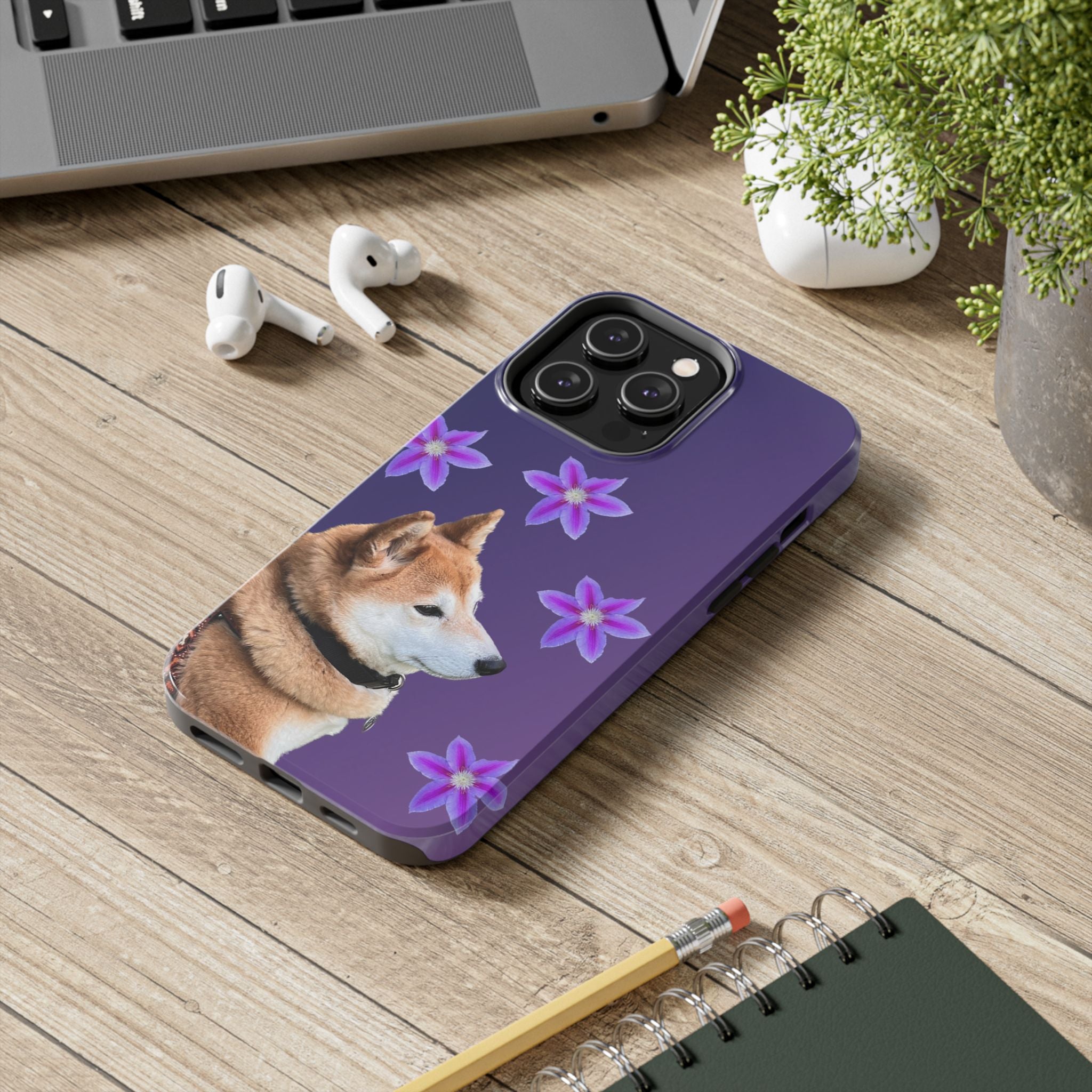 Shiba Inu Floral Tough Phone Case — Purple Dog Phone Cover with Pink Flowers
