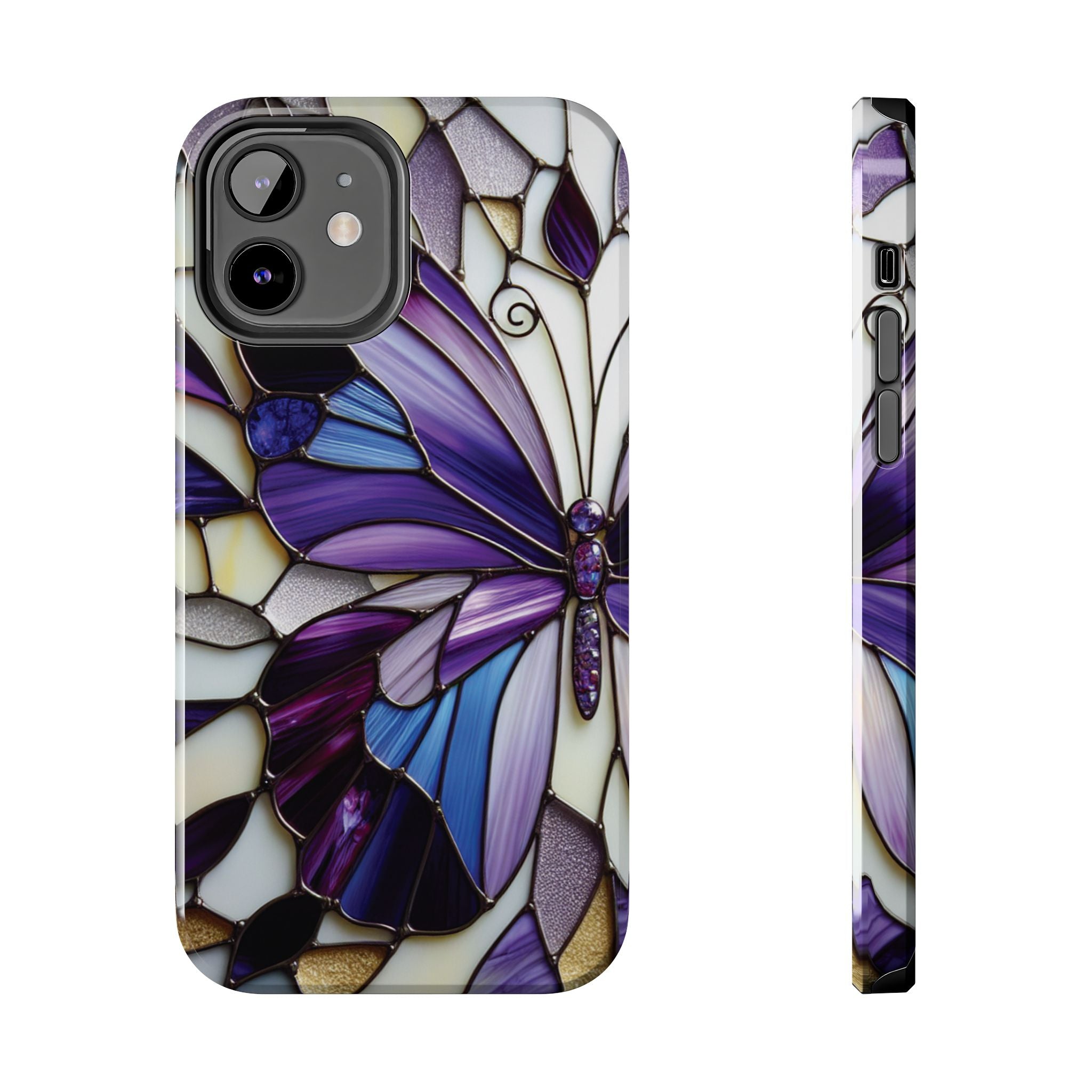 Purple Stained Glass Butterfly Tough Phone Case — Impact-Resistant Floral Phone Cover