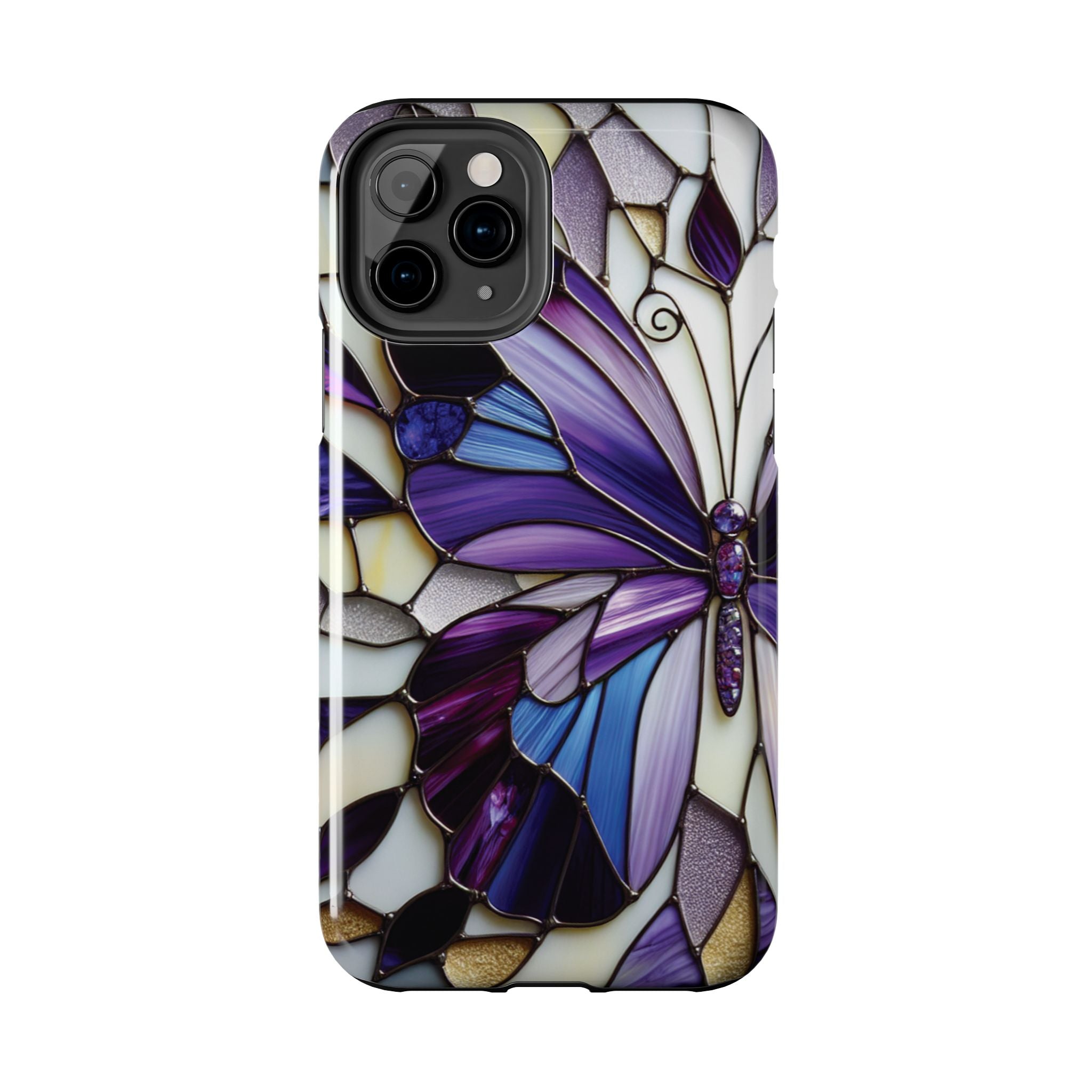 Purple Stained Glass Butterfly Tough Phone Case — Impact-Resistant Floral Phone Cover