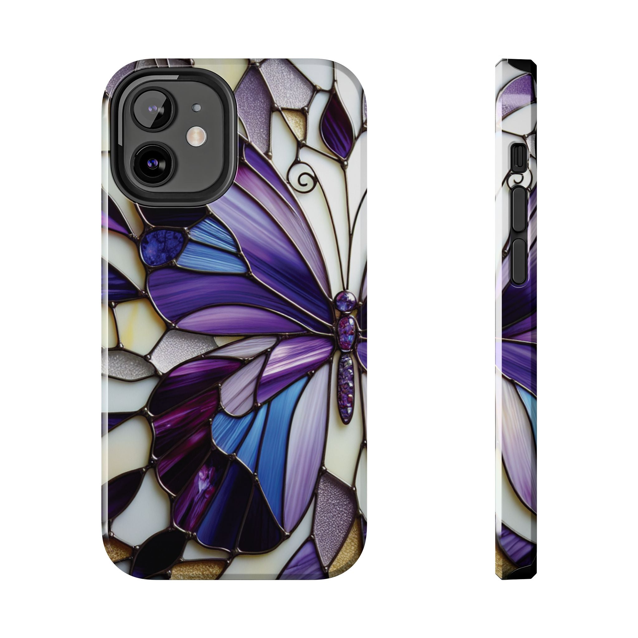 Purple Stained Glass Butterfly Tough Phone Case — Impact-Resistant Floral Phone Cover