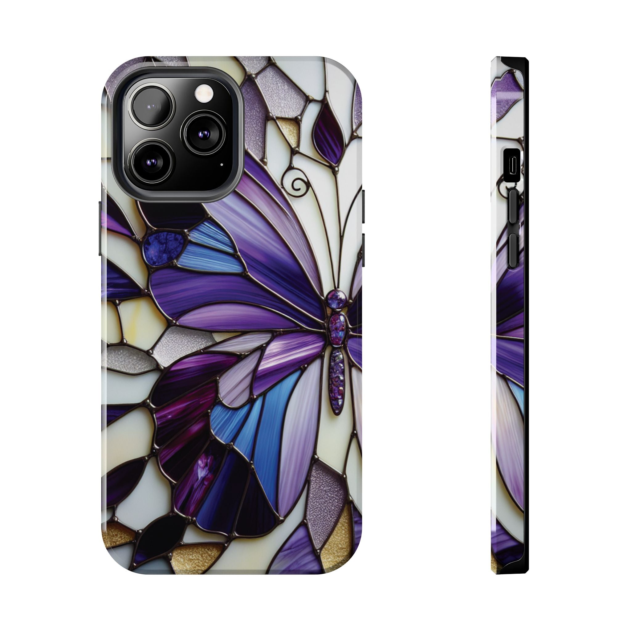 Purple Stained Glass Butterfly Tough Phone Case — Impact-Resistant Floral Phone Cover