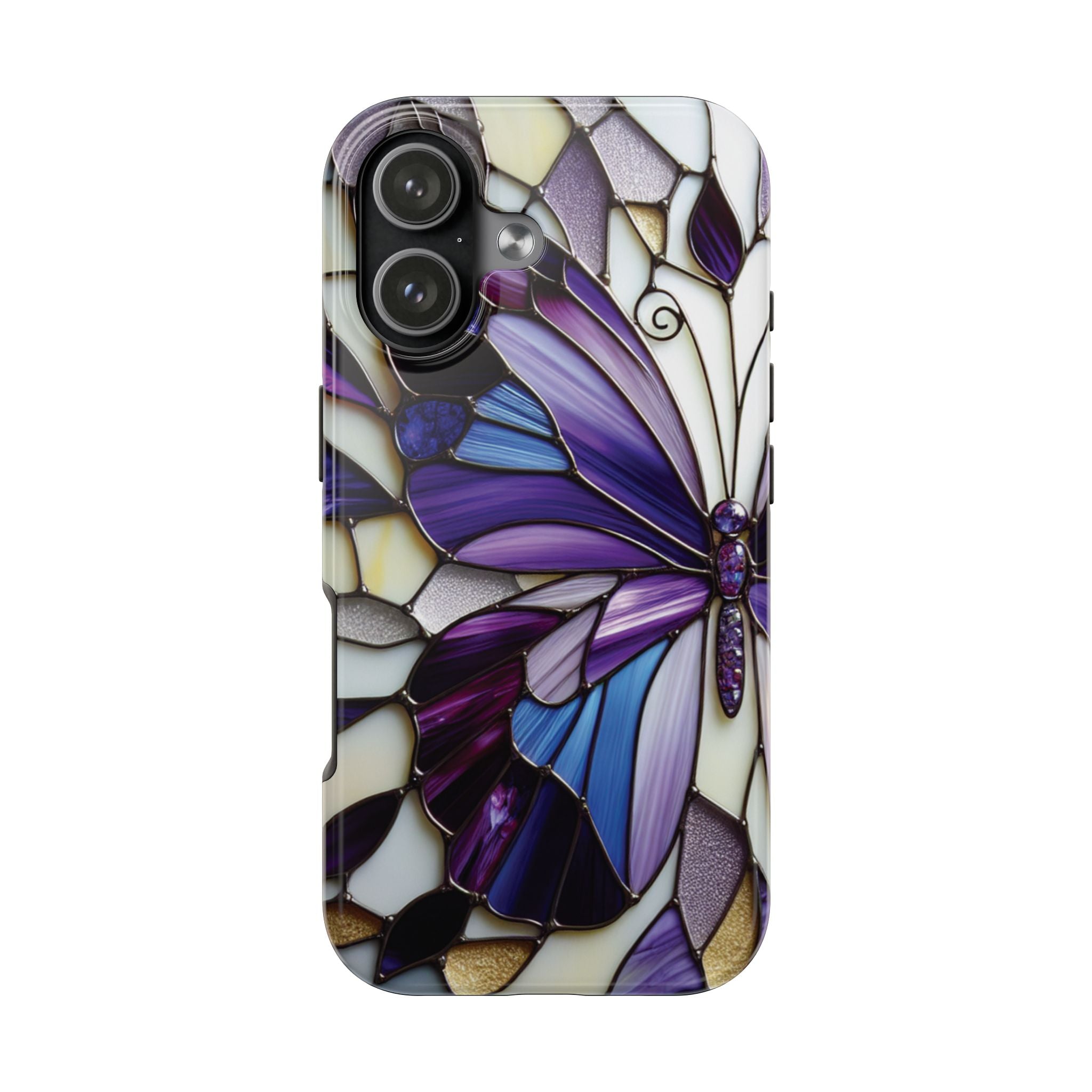 Purple Stained Glass Butterfly Tough Phone Case — Impact-Resistant Floral Phone Cover