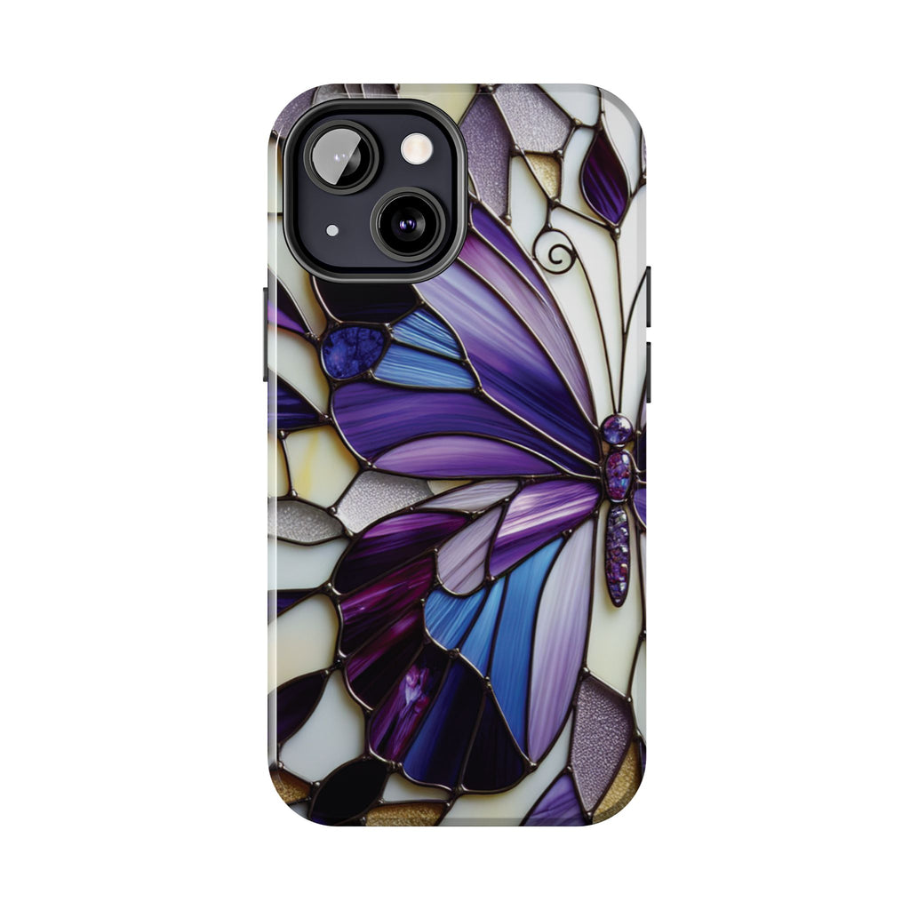 Purple Stained Glass Butterfly Tough Phone Case — Impact-Resistant Floral Phone Cover