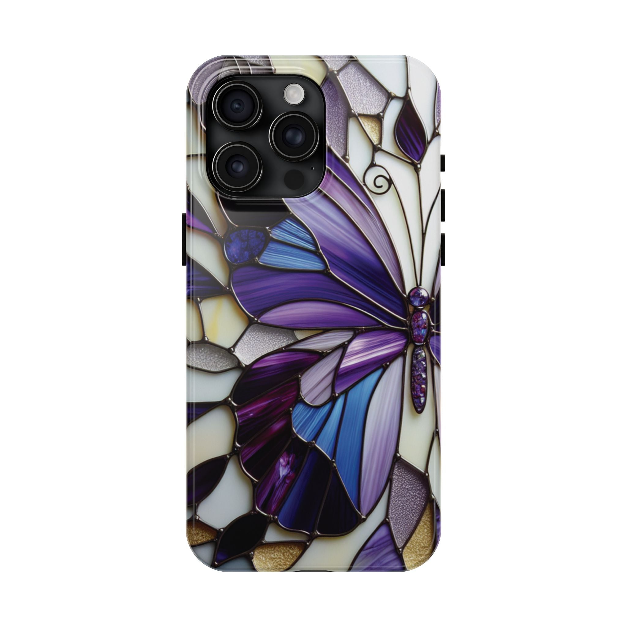 Purple Stained Glass Butterfly Tough Phone Case — Impact-Resistant Floral Phone Cover