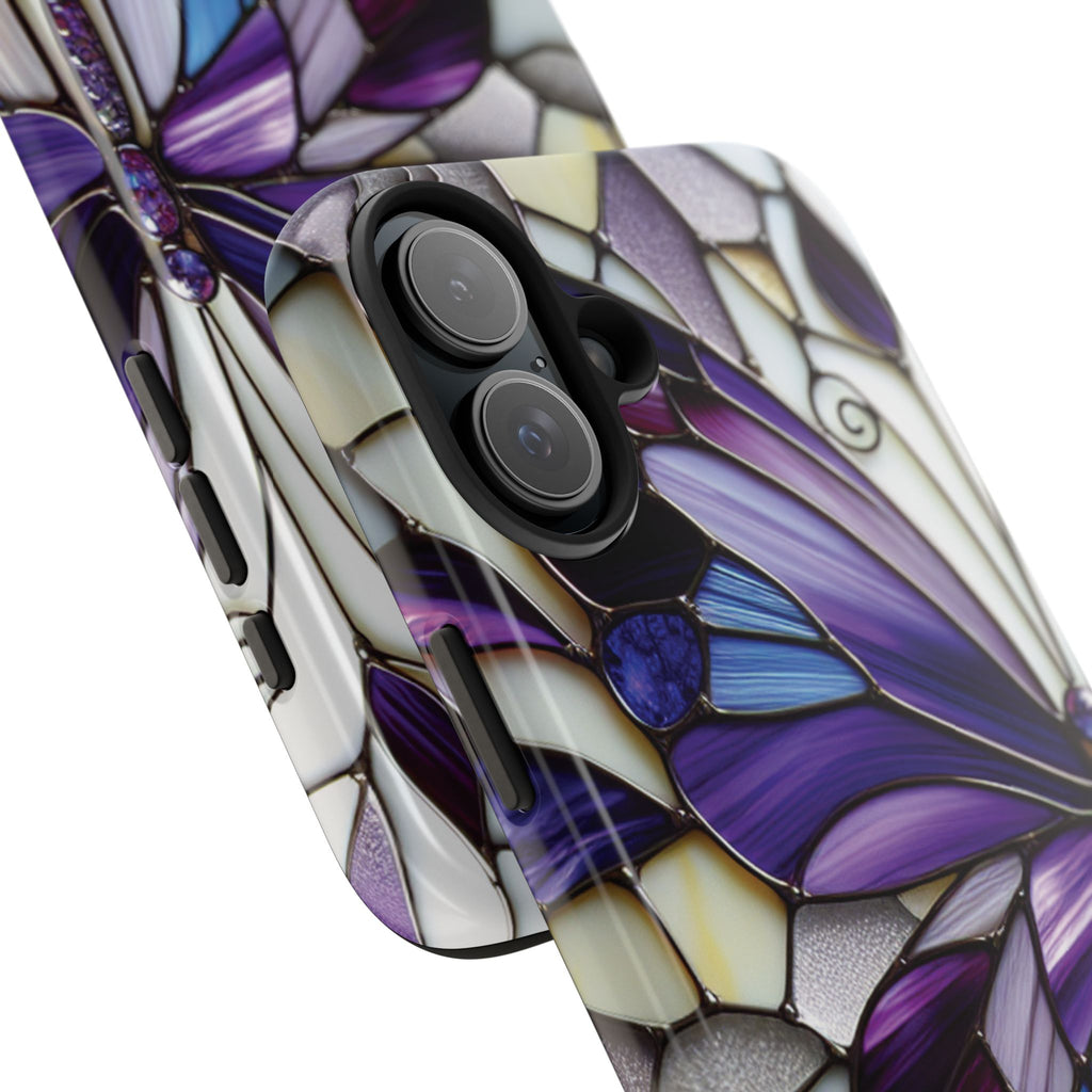 Purple Stained Glass Butterfly Tough Phone Case — Impact-Resistant Floral Phone Cover
