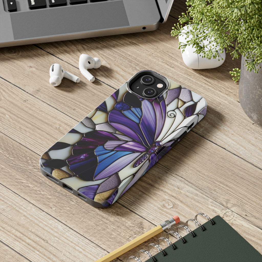 Purple Stained Glass Butterfly Tough Phone Case — Impact-Resistant Floral Phone Cover