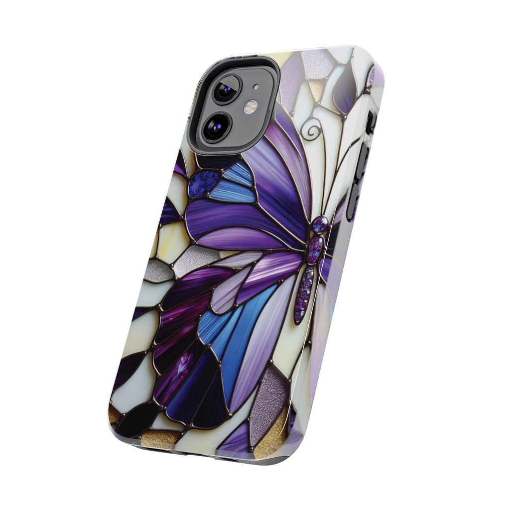 Purple Stained Glass Butterfly Tough Phone Case — Impact-Resistant Floral Phone Cover