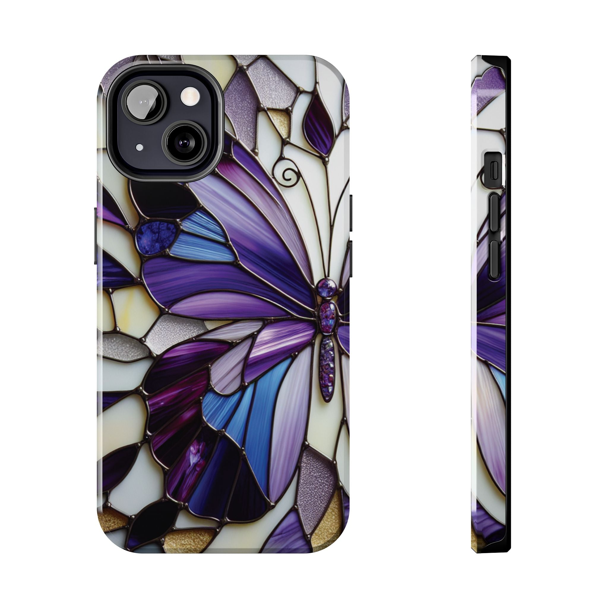 Purple Stained Glass Butterfly Tough Phone Case — Impact-Resistant Floral Phone Cover