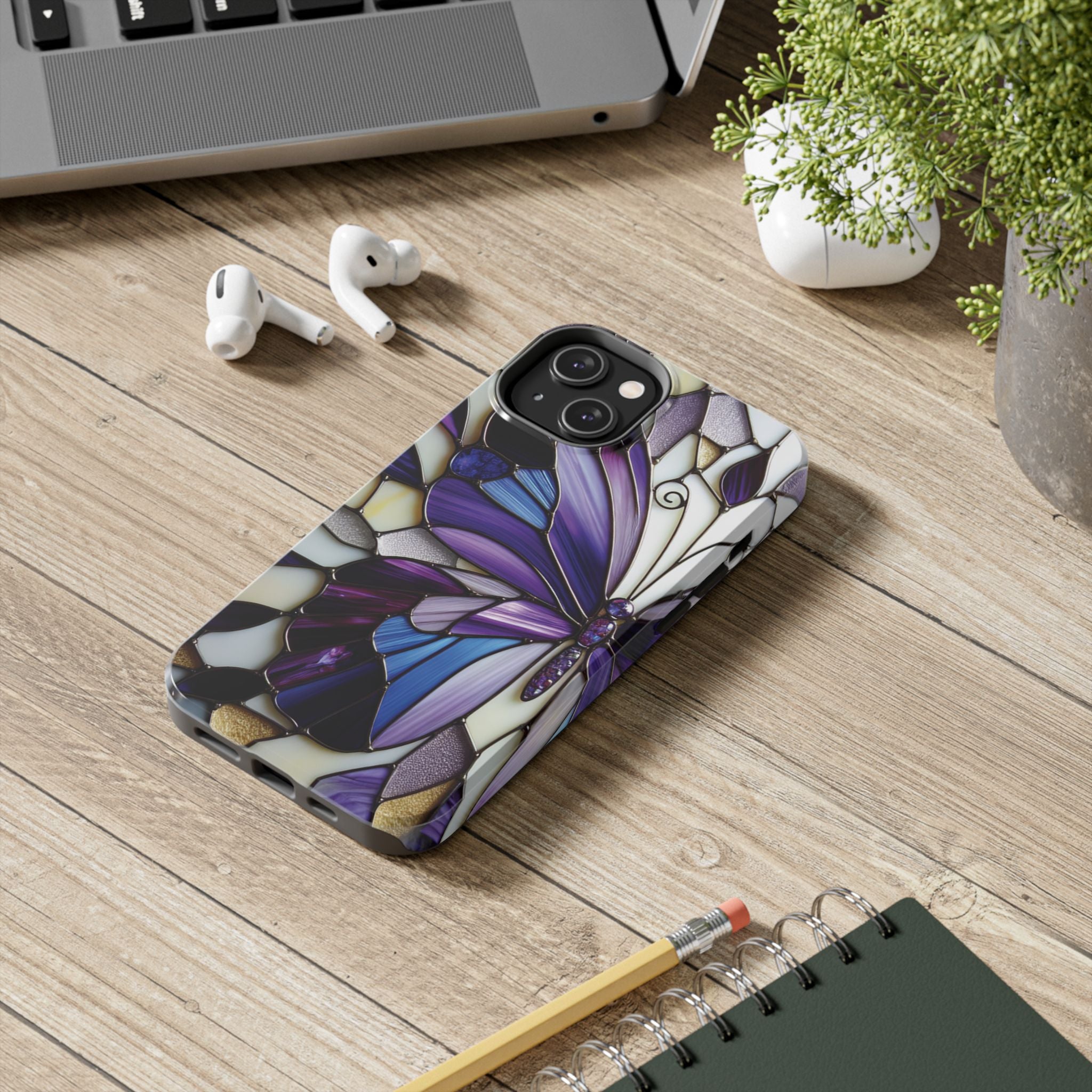 Purple Stained Glass Butterfly Tough Phone Case — Impact-Resistant Floral Phone Cover