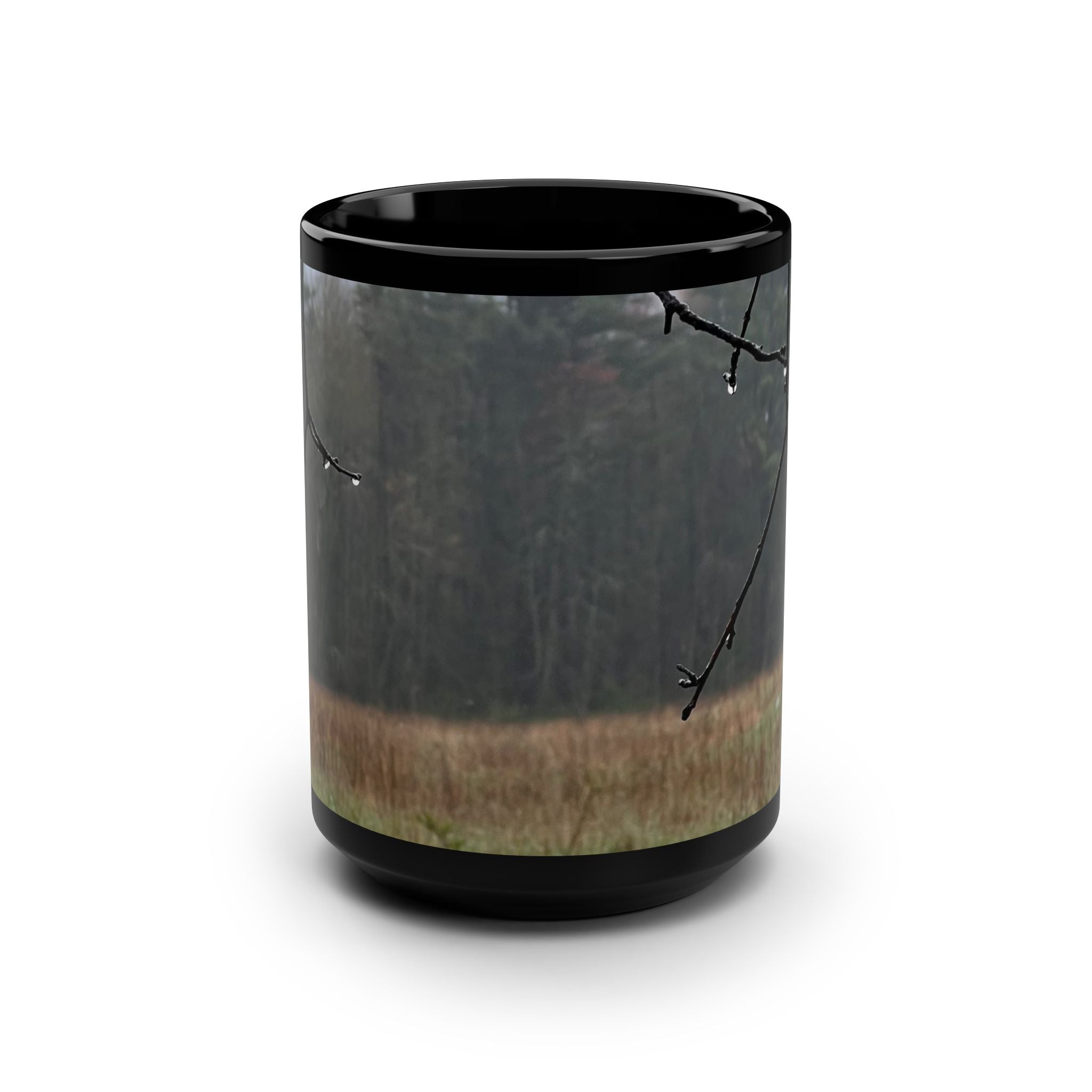 Raining in Spring - Black Mug, 15oz