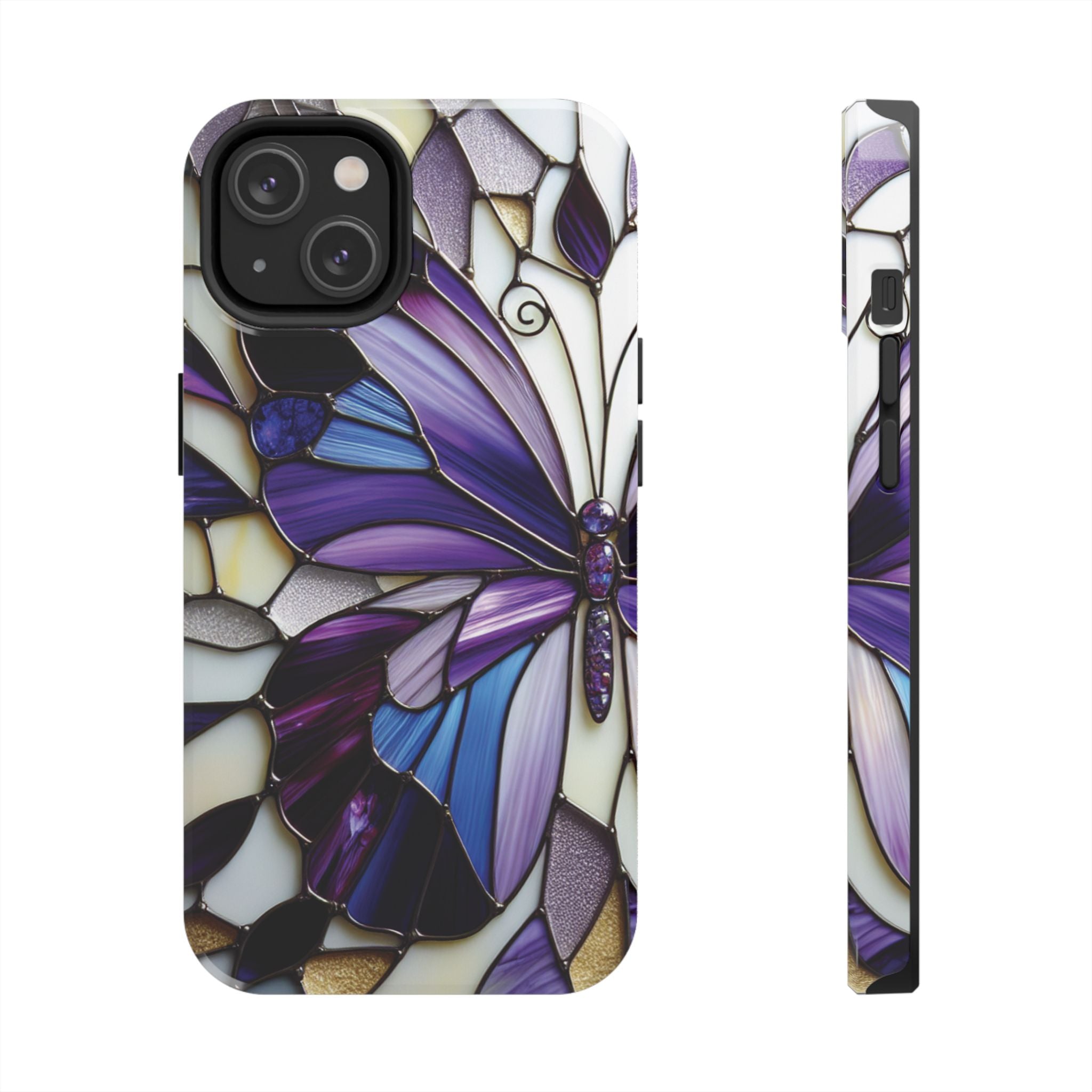 Purple Stained Glass Butterfly Tough Phone Case — Impact-Resistant Floral Phone Cover