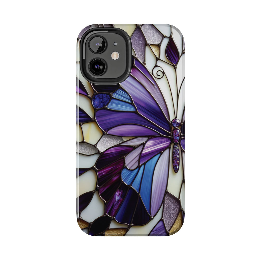 Purple Stained Glass Butterfly Tough Phone Case — Impact-Resistant Floral Phone Cover