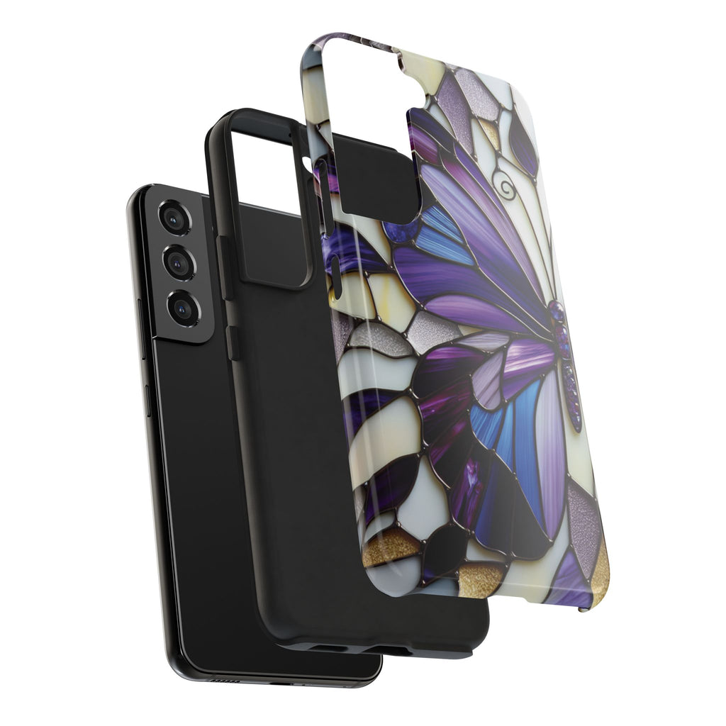 Purple Stained Glass Butterfly Tough Phone Case — Impact-Resistant Floral Phone Cover
