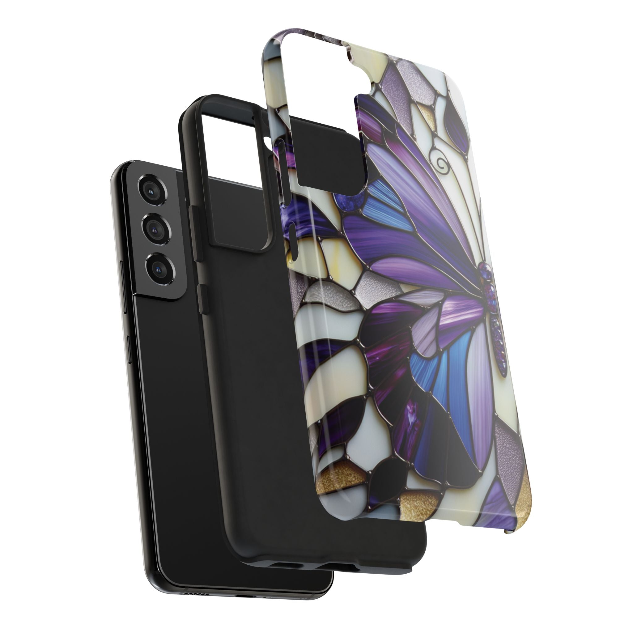Purple Stained Glass Butterfly Tough Phone Case — Impact-Resistant Floral Phone Cover