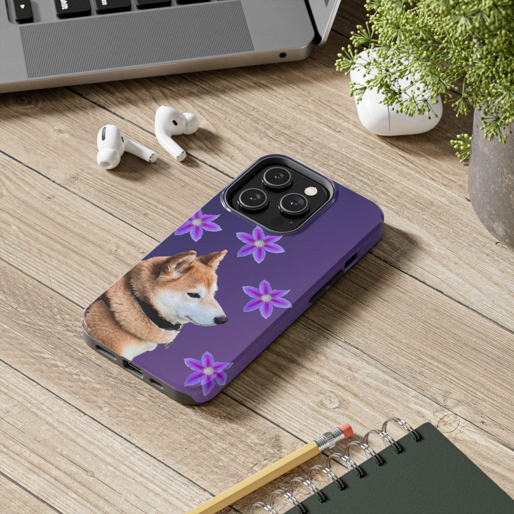 Shiba Inu Floral Tough Phone Case — Purple Dog Phone Cover with Pink Flowers