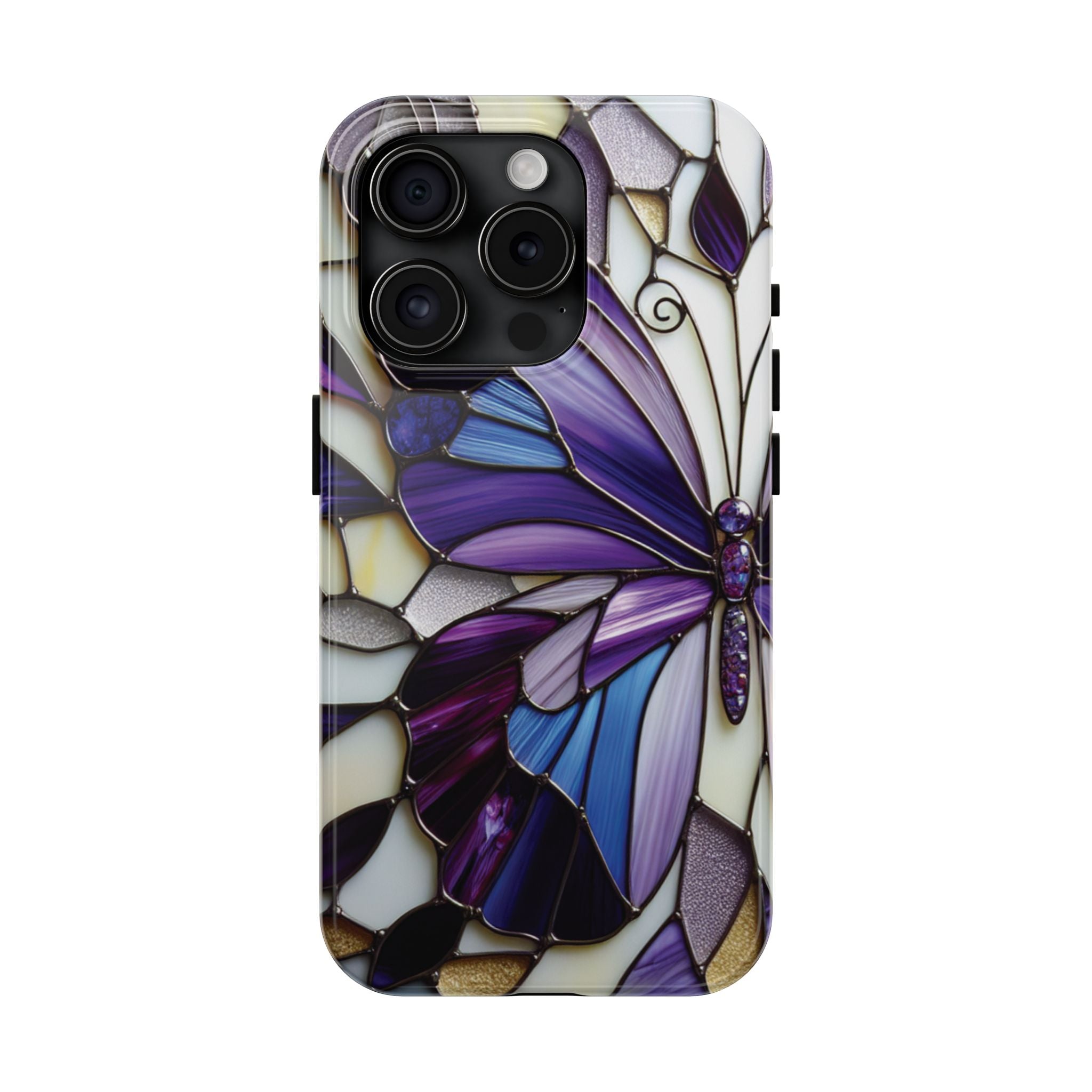 Purple Stained Glass Butterfly Tough Phone Case — Impact-Resistant Floral Phone Cover
